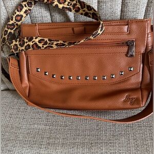 lug Cognac Studded Crossbody with Leopard Strap